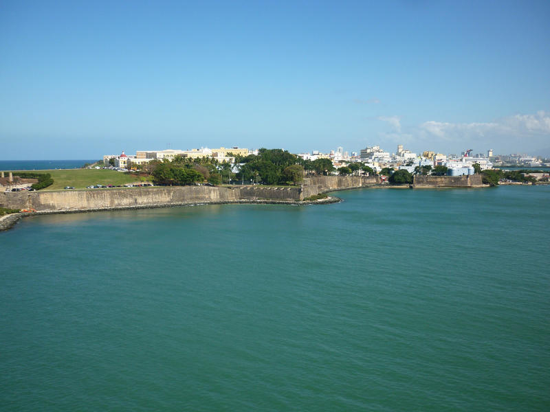 fortified walls of old san juan, puerto rico viewed from the water